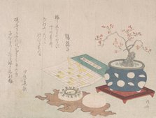 Bonsai Plum, Compass, and Pocket Sundial with Design of Calendar, from Spring Rain Surimon..., 1806. Creator: Shinsai.