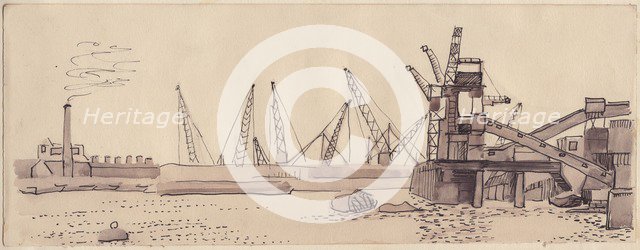 Docks on the River Thames in London, 1951. Creator: Shirley Markham.