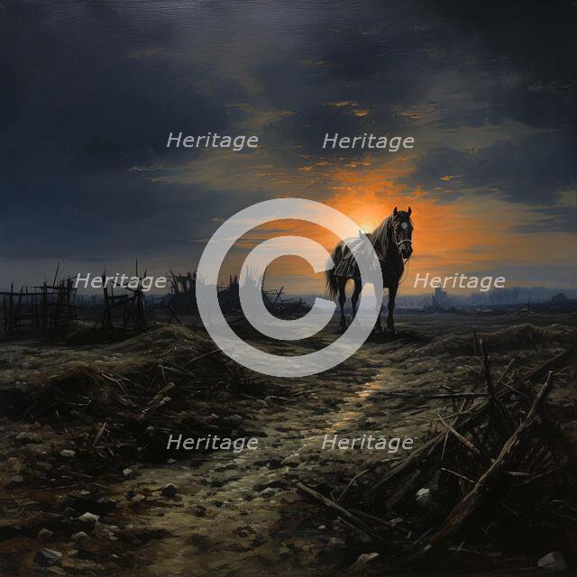 AI IMAGE - Illustration of a horse in a World War I battlefield setting, 2023. Creator: Heritage Images.