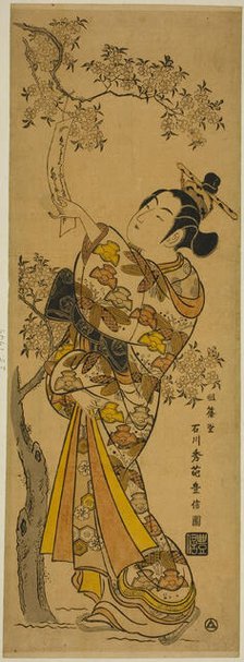 Young Woman Reading Tanzaku Tied to a Cherry Tree, c. 1741. Creator: Ishikawa Toyonobu.