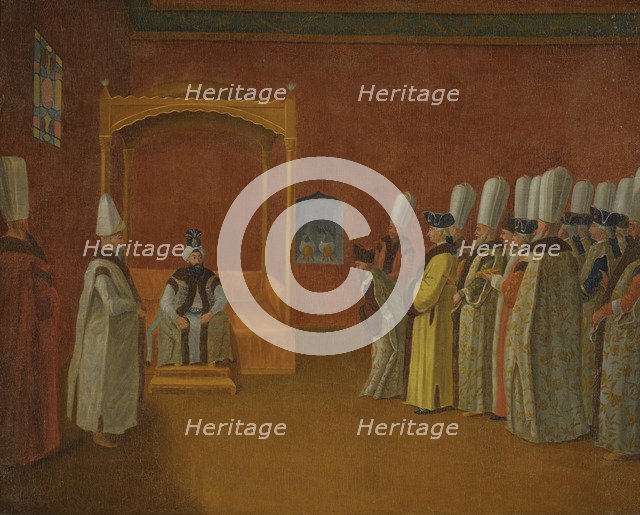 Sultan Ahmed III Receiving a European Ambassadorial Delegation at the Topkapi Palace.
