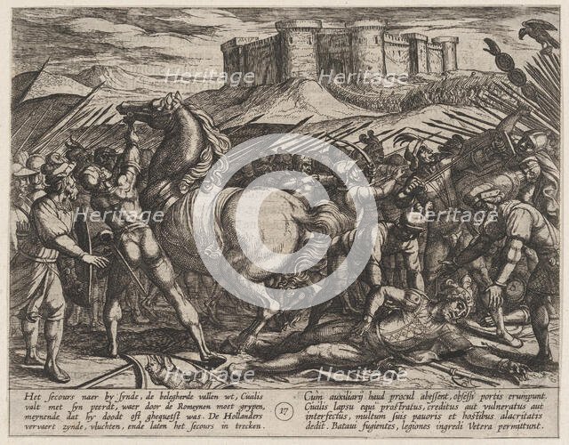 Plate 17: The Romans Misled by Civilis' Horse to Believe that He was Dead or Injured, from..., 1611. Creator: Antonio Tempesta.