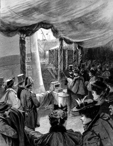 Floating of H.M.S. "Majestic" at Portsmouth, January 31: Princess Louise christening the ship, 1895. Creator: P Naumann.