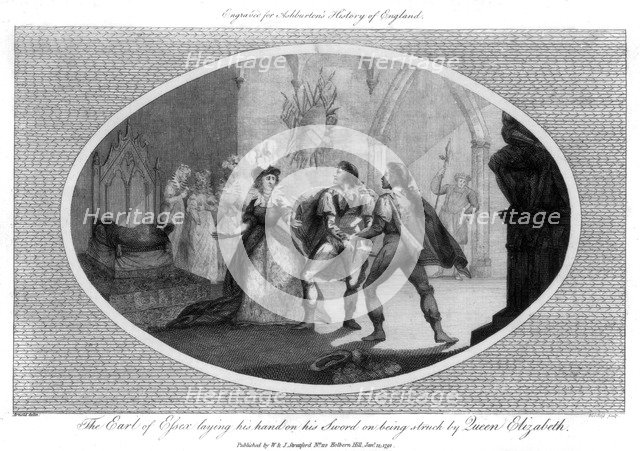 The Earl of Essex laying his hand on his sword on being struck by Queen Elizabeth, (1792).Artist: Wooding