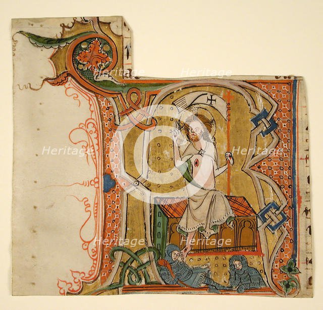 Manuscript Leaf Showing an Illuminated Initial R with The Resurrection, late 13th century. Creator: Unknown.