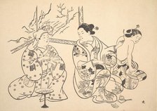 An Oiran Seated in a Parlor Applies the Fire Treatment to the Bared Back of Another Woman. Creator: Unknown.