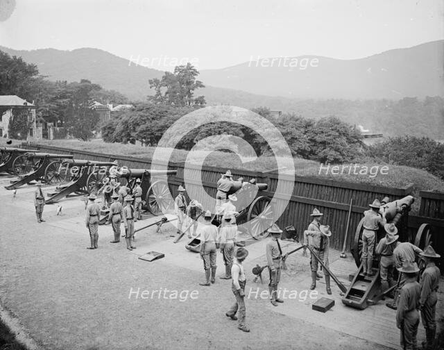 Siege battery drill, fixing sights, West Point, N.Y., c1905. Creator: Unknown.