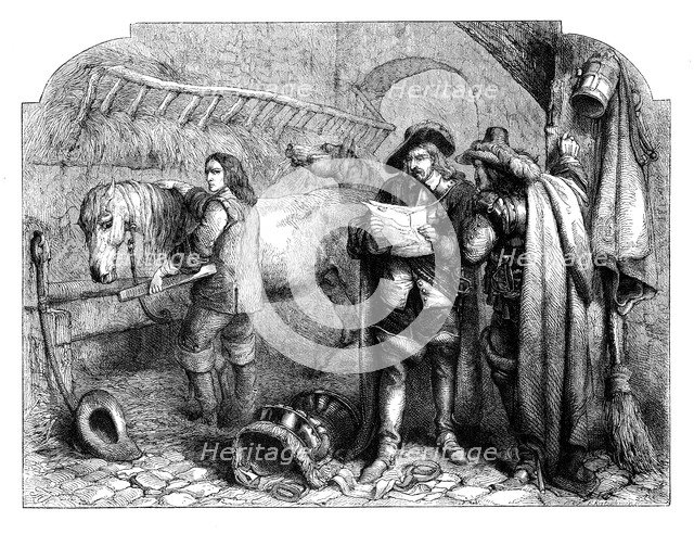 Oliver Cromwell discovering the letter of King Charles I at the Blue Boar, Holborn, London, c1902.Artist: E Kretzschniar