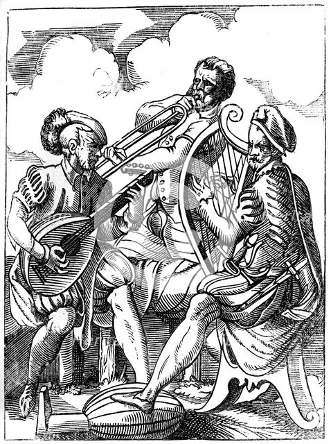 A guitarist, a lutenist and a trombone player, 16th century (1849).Artist: Jost Amman