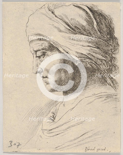 Plate 16: head of an old man in profile with a cloth tied around his head, from 'The B..., ca. 1649. Creator: Stefano della Bella.