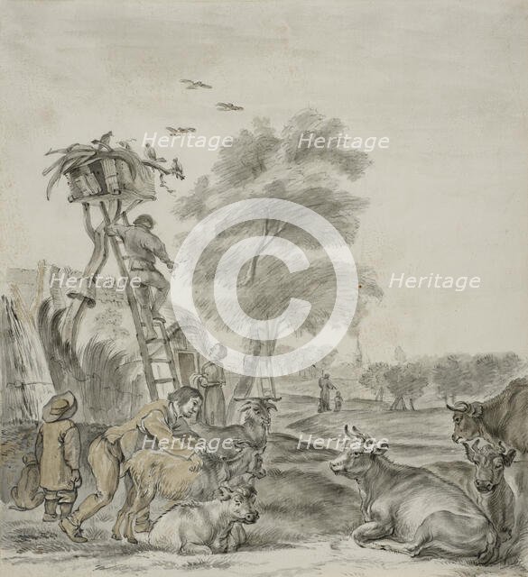 Farmers and cattle in front of a cabin. Creator: Unknown.