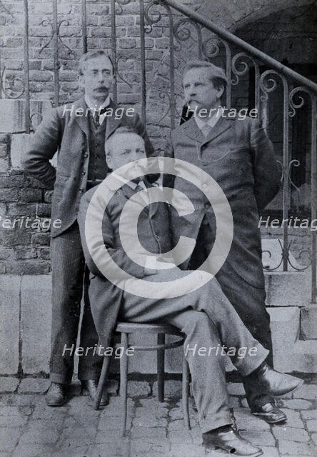 Charles Sherrington (left), Leon Fredericq (seated) and Paul Grützner (right) outside the...(1940?). Creator: Unknown.