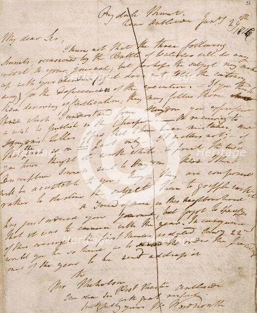 Letter from William Wordsworth to John Scott, editor of "The Champion", 29 Jan 1816. Creator: William Wordsworth.