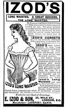 Advertisement for Izod's long-waisted corsets, 1895. Creator: Unknown.