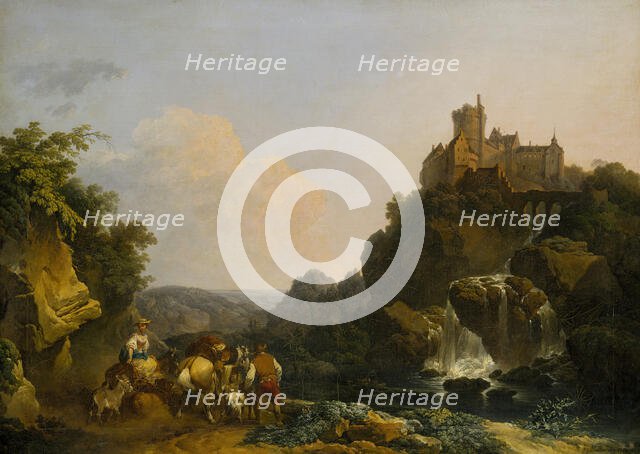 Landscape with Waterfall, Castle and Peasants, 1767. Creator: Philip James de Loutherbourg.