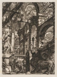 The Prisons: A Perspective of Roman Arches, with Two Lions Carved in Relief..., 1745-50. Creator: Giovanni Battista Piranesi (Italian, 1720-1778).