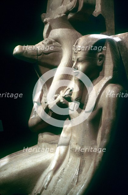 The crocodile-god Sobek with Pharaoh Amenhotep III, Sobek Temple, Dakamsha, Egypt, c1380 BC. Artist: Unknown