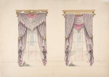 Design for Curtains with Purple, White and Mink Fabric, Purple Fringes and..., early 19th century. Creator: Anon.