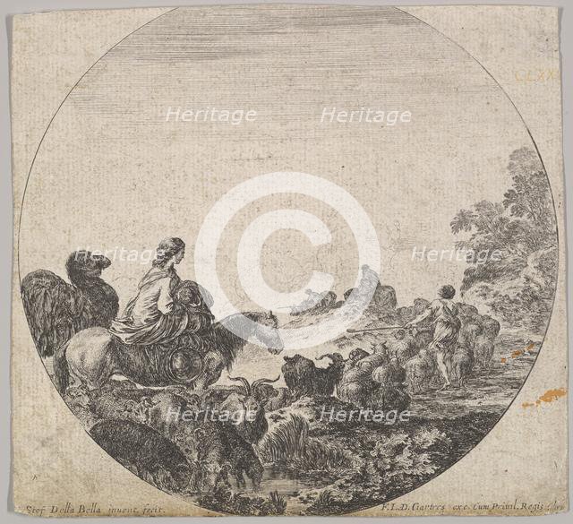 Plate 5: a woman carrying a child on a horse to left, a camel following her, a herd..., ca. 1643-48. Creator: Stefano della Bella.