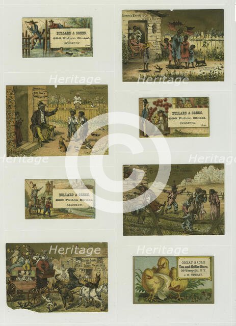 Trade cards depicting a hatching chick, a knight, balloons, swimming, fishing from..., c1876-c1890. Creator: Unknown.