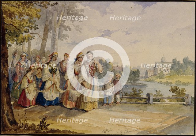 Russian peasant girls with Festival Dress, 1845. Artist: Kolmann, Karl Ivanovich (1786-1846)