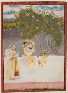 Rana Sangram Singh Worshipping a Linga under a Banyan Tree, c. 1712-15. Creator: Unknown.