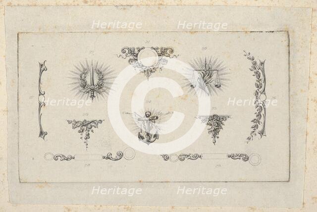 Banknote motif: ten different ornamental lathe work elements including a disk embel..., ca. 1824-42. Creator: Durand, Perkins & Co.