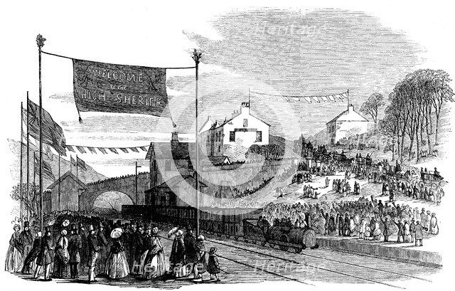 Arrival by rail of the Constable of Cheshire, to Mottram Station in April of 1855, vintage engrav…