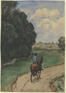 At the edge of the forest. Horseman on a path, facing into the picture, 1887. Creator: Hans Thoma.