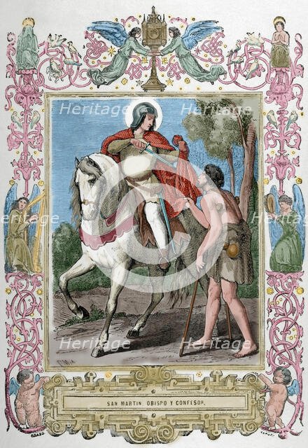 St Martin of Braga (520-589) sharing his cloak with a beggar, 1853. Creator: Cibera.