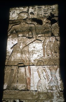 Relief of Ramesses III leading captives, Temple of Rameses III, Medinat Habu, Egypt, c12 centuryBC. Artist: Unknown
