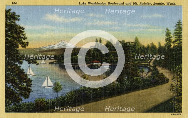 Lake Washington Boulevard and Mt. Rainier, Seattle, Washington, 1942. Artist: Unknown
