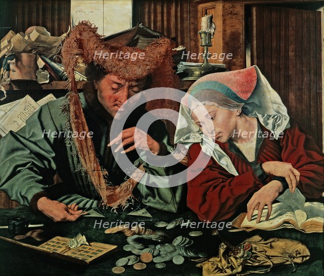  'The money changer and his wife', oil painting by Marinus Reymerswaele.