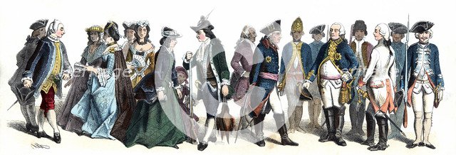 Personages from the time of Frederick the Great, 18th century. German Engraving 1860.