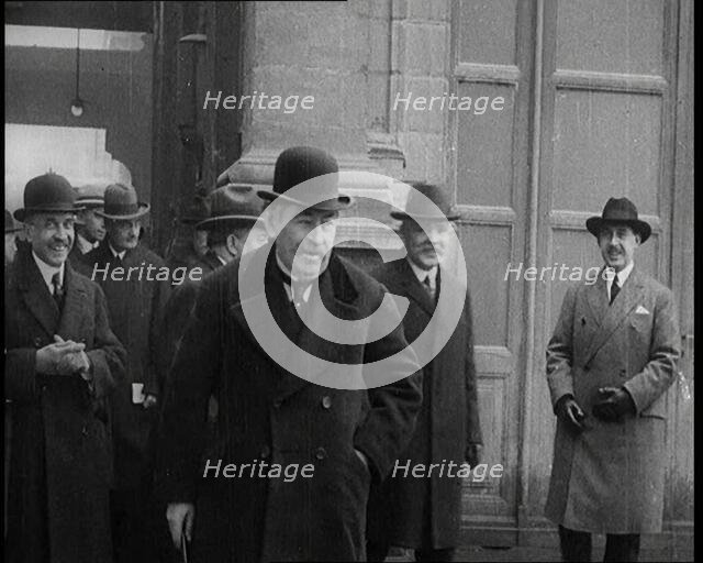 The French Prime Minister Aristide Briand Standing Outside with a Group of Male Civilians..., 1926. Creator: British Pathe Ltd.