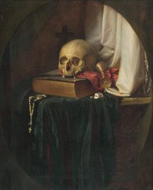 Still life with a skull and a book, 1860. Creator: Gyula Benczúr.