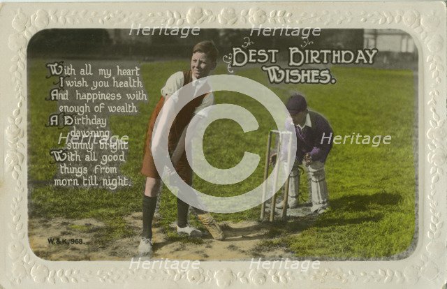 Birthday card featuring two boys playing cricket. Artist: Unknown
