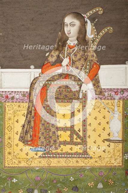 European Woman Seated on a Terrace Smoking a Venetian Style Water Pipe..., between c1760 and c1775. Creator: Follower of Mir Kalan Khan.