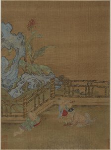 Three children playing on a garden terrace, Ming dynasty, 1368-1644. Creator: Unknown.