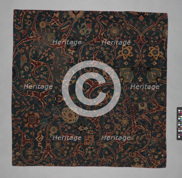 Blue-ground Carpet Fragment with Scrolling Floral Vines, Iran, 17th century. Creator: Unknown.