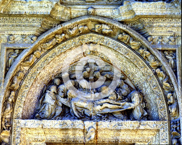 Tympanum of the Pieta on the façade of the Dominican nuns convent of Casalareina,16th century, in…