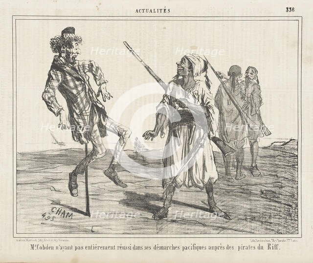 Mr. Cobden n'ayant pas entièrement reussi dans ses démarches pacifiques auprès des pirates..., 1856. Creator: Cham.