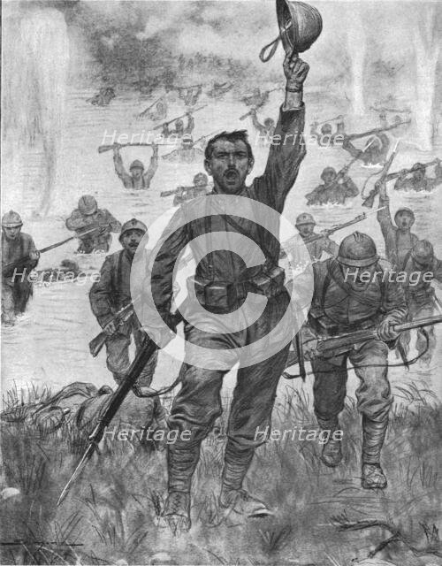 'Le passage a gue de l'Isonzo par l'infanterie Italienne', 1916. Creator: J Simont.