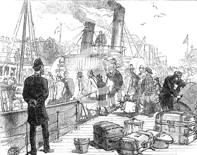Departure of a Cunard steamer from Liverpool: going on board the tender, 1881. Creator: Unknown.