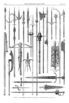Weapons in the Meyrick Collection of armour at South Kensington, 1869. Creator: Unknown.