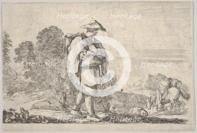 Plate 11: a peasant wearing a hat at center, walking towards the right, a horse descen..., ca. 1641. Creator: Stefano della Bella.