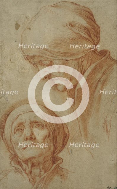 Two studies of an old woman's head. Creator: Abraham Bloemaert.