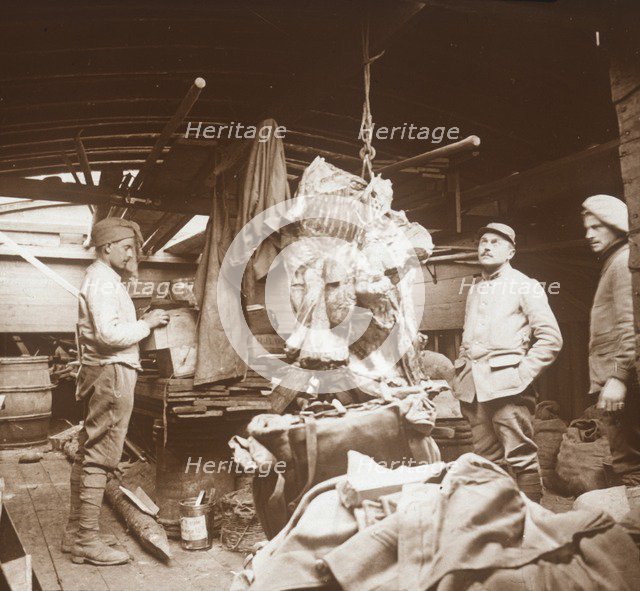 Butcher's on a barge, Somme, northern France, c1914-c1918. Artist: Unknown.