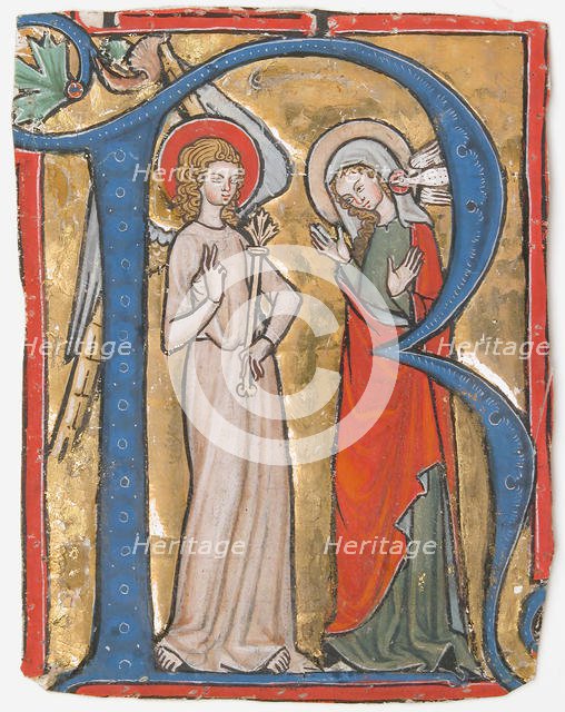 Manuscript Illumination with the Annunciation in an Initial R, from a Gradual, ca. 1300. Creator: Unknown.