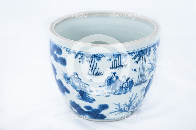 Deep blue and white fish bowl of sages in bamboo grove, 1630-1650. Artist: Unknown.